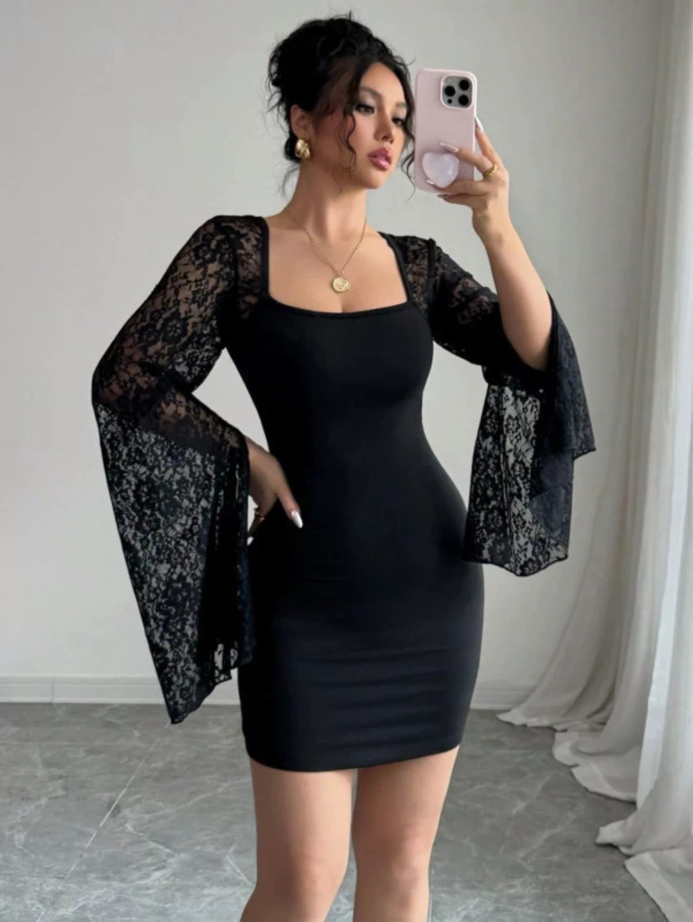 ZARA Fall Flare Sleeve Slit Solid Lace Trim Square Neck Bodycon Dress